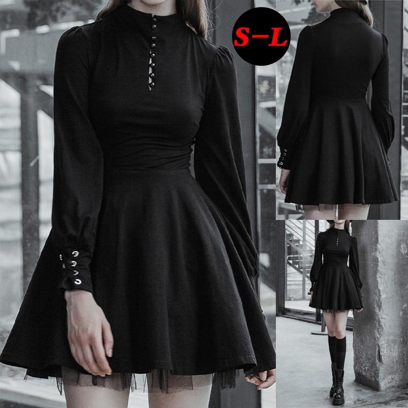 Arrival Women Fashion Long Sleeve Black Dress Fashion Gothic Dress Punk