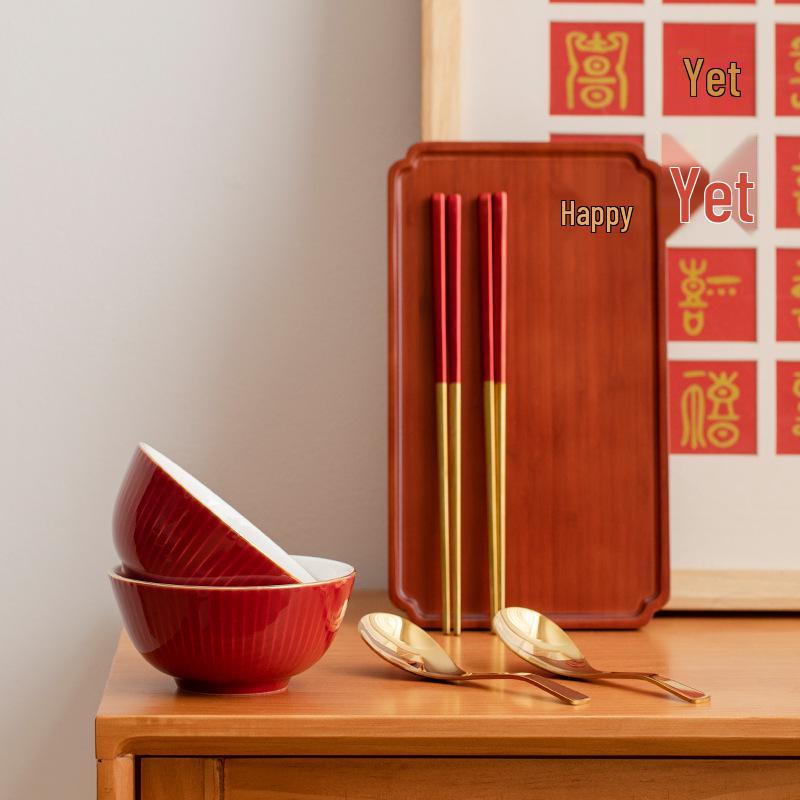 Double Happiness Wedding Bowl & Chopsticks Set: Creative Red Ceramic Gift for Newlyweds