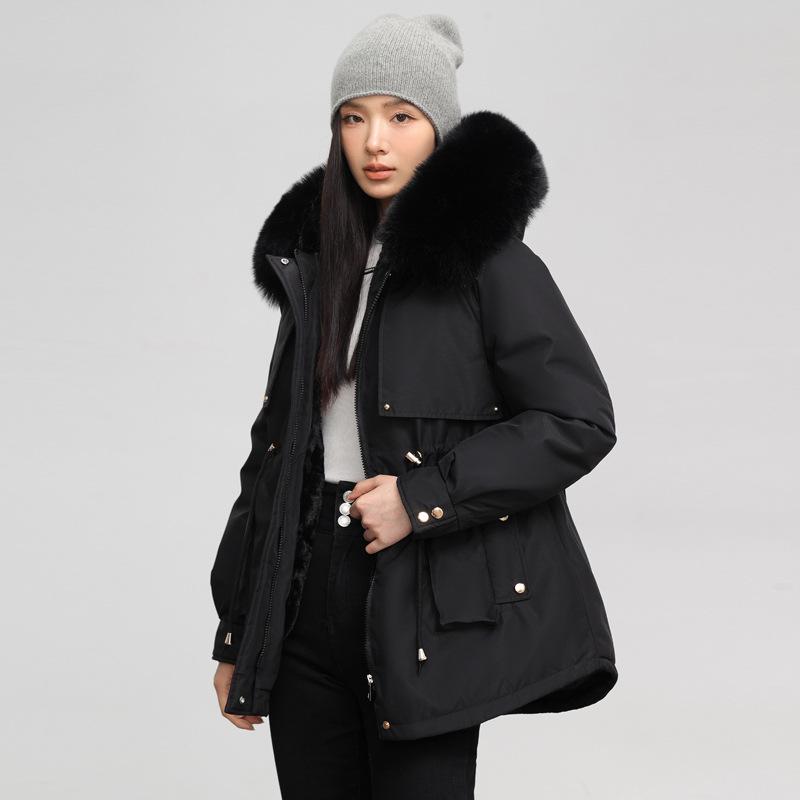 Velvet thickened pie to overcome women's winter new large fur collar detachable hooded foreign loose cotton jacket