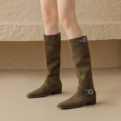 Cow Suede Autumn Winter Shoes Round Toe Metal Buckle Big Size 42 Thick Med Heels Slip On Western Boots Women Knee Boots