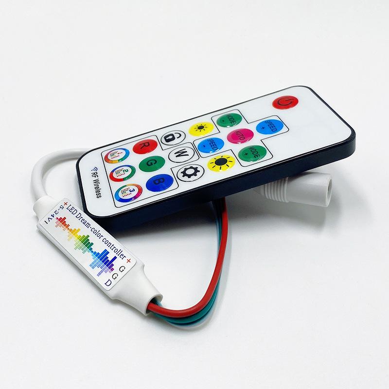 17-Key LED Music Strip Controller with USB & DC, Seven-Color 5-24V Remote Dimming