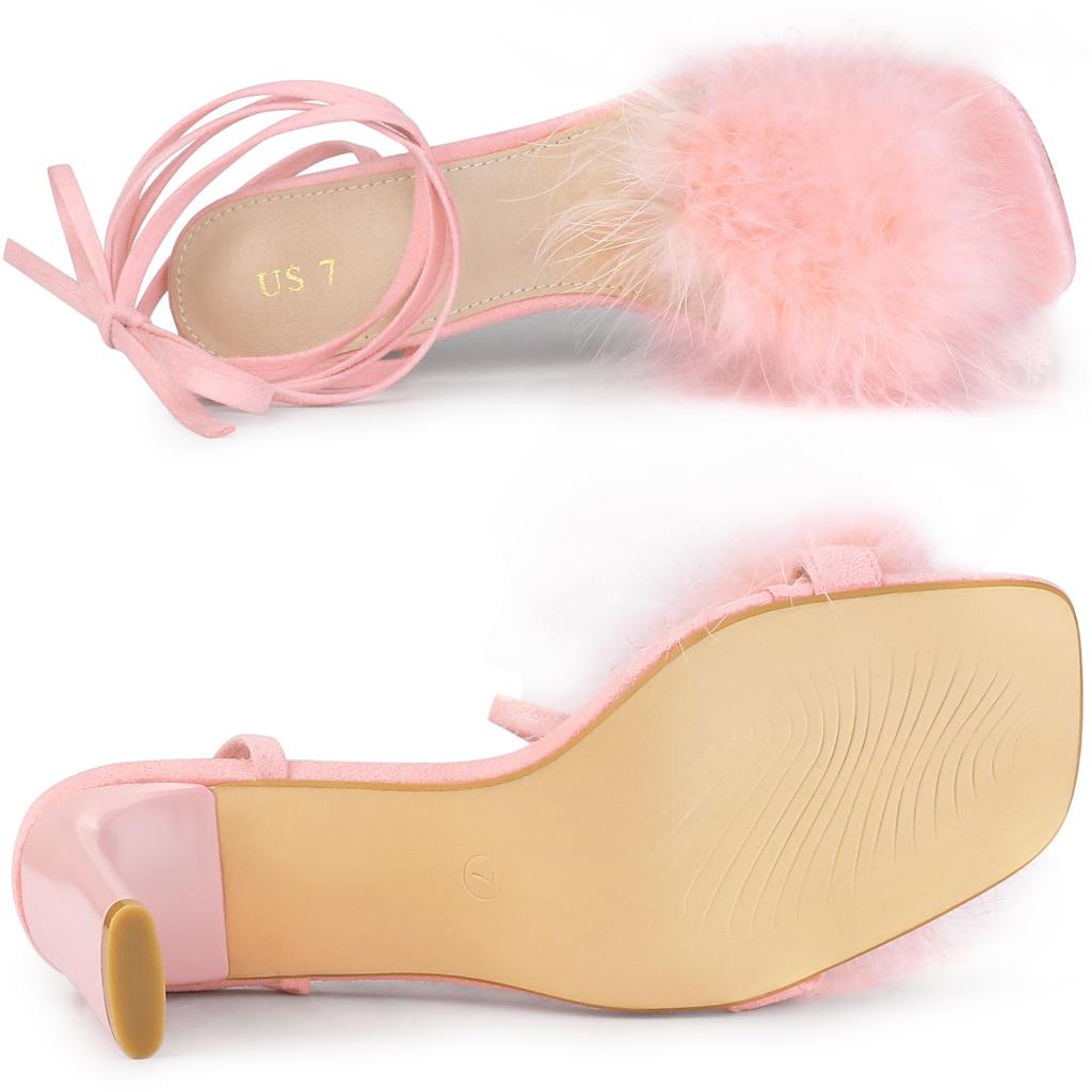 Allegra K Women's Faux Fur Slingback Block Heel Lace-Up Sandals, Pink, Size 23.0cm