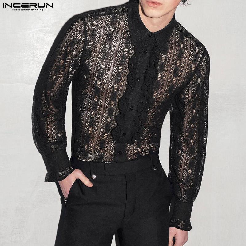 

INCERUN Весенние мужские сетчатые рубашки Цветочная кружевная сетка