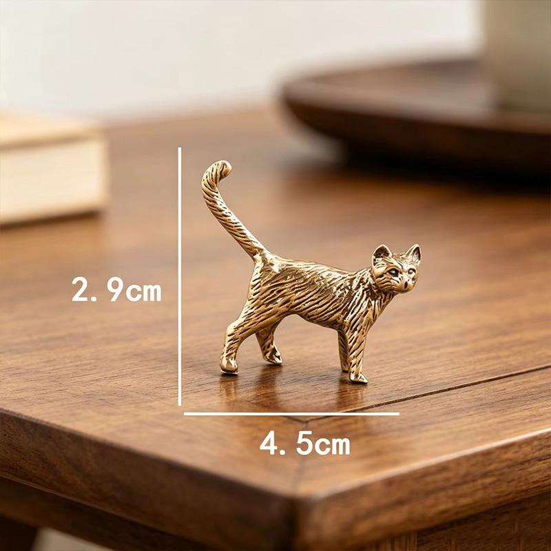 1Pcs Antique Brass Cat Figurine Mini Metal Cat Statue Retro Animal Ornament Home Office Desk Decor Collectible Gift
