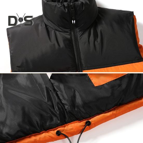 Men Cotton Waistcoat Stand Collar Sleeveless Patchwork Color Cotton Vest Coat with Pockets Elastic Drawstring Hem Zipper Placket Vest Outwear