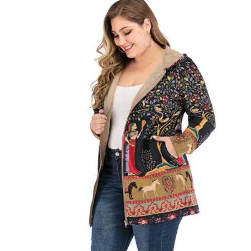 Women Casual Outwear Winter Warm Retro Printed Pockets Zipper Hooded Thicker Coat Plus Size