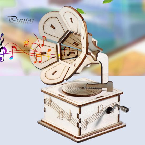 1 Sada DIY Retro Gramofon Model Kit Ručně vyráběné Dřevěné Puzzle Ručně poháněný Fonograf Stavebnice Řemesla Gramofon STEM Projekt Dětská Vzdělávací Hračka
