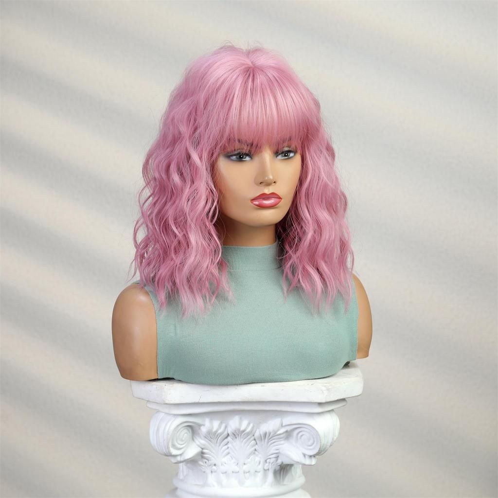 ALAN EATON Perruques BOB courtes avec frange, perruque bouclée de couleur rose pour femmes, fête quotidienne, Cosplay, fibre résistante à la chaleur