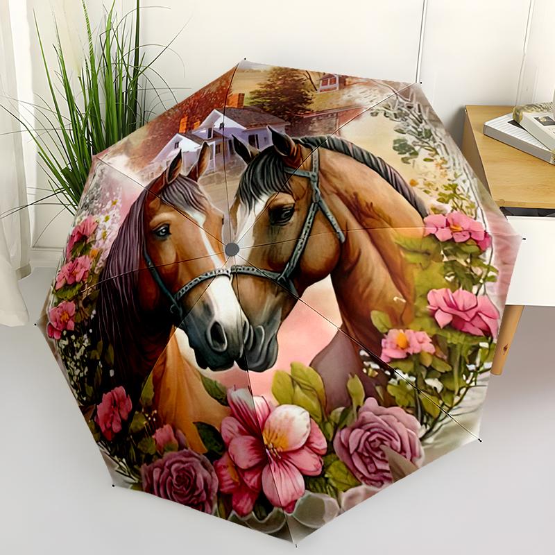 

Horse Pattern Automatic Folding Umbrella-compact 8 Rib Design, Suitable for Outdoor, Daily Use, The Best Gift