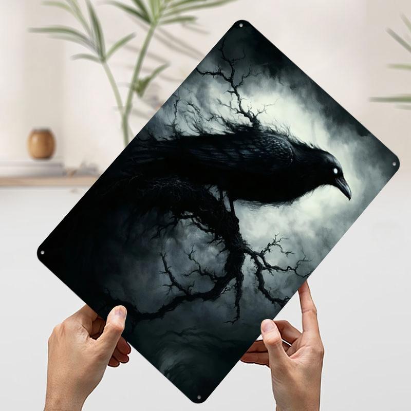Dark Raven on Branch Printed Poster Customized Wall Art Retro Vintage Metal Tin Signs for Decoration At Home Decor Items Room