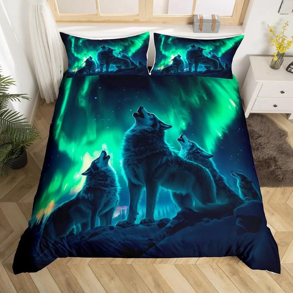 Wolf Duvet Cover Twin King Size, Roaring Wolves Wildlife Bedding Set Aurora Animals Galaxy Print Comforter Cover for Kids Boys