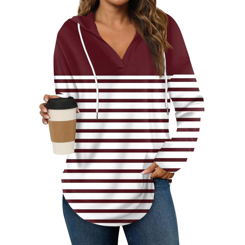 Damenmode Lässig V-Ausschnitt Kordelzug Bedrucktes Langarm-Oberteil