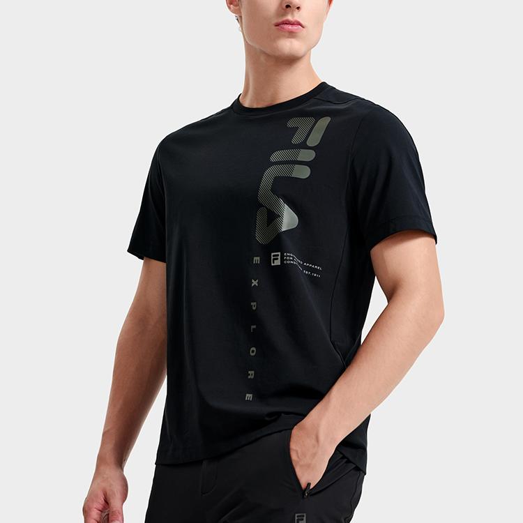 FILA Athletics American Vintage Letter Logo Print Crew Neck Pullover Sports Short Sleeve T-Shirt Men T-Shirts Deep-Black A11M317103F-BK