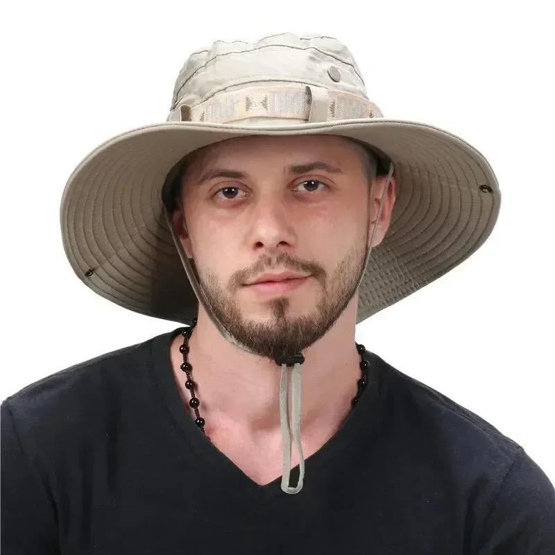 Summer Men Bucket Klobouk Venkovní UV ochrana Široký okraj Panama Safari Myslivost Turistický klobouk Síťovina Rybářský klobouk Pláž Kšiltovka na opalování