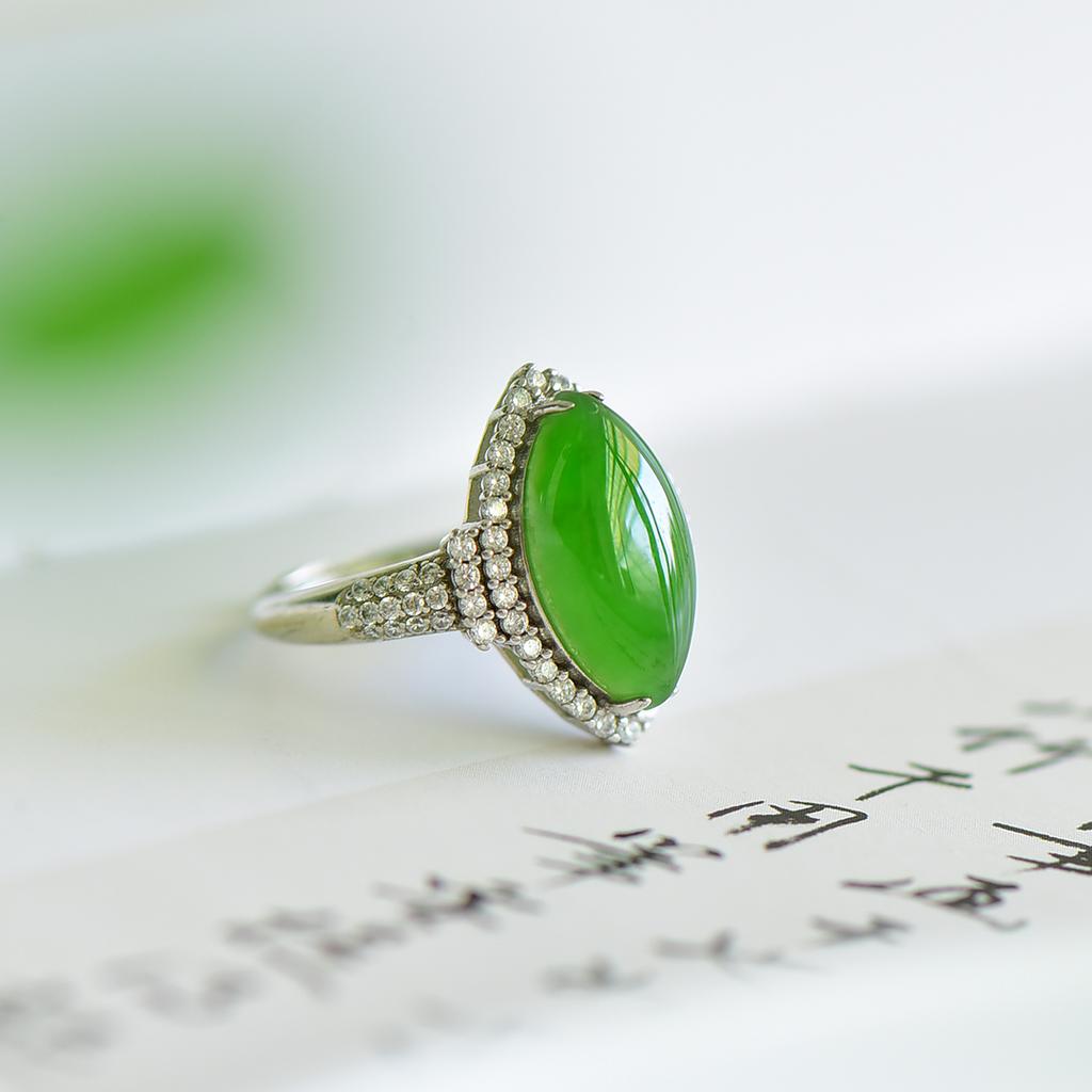 Xinjiang Hotan Jade S925 Silver Inlaid Spinach Green Jasper Ring