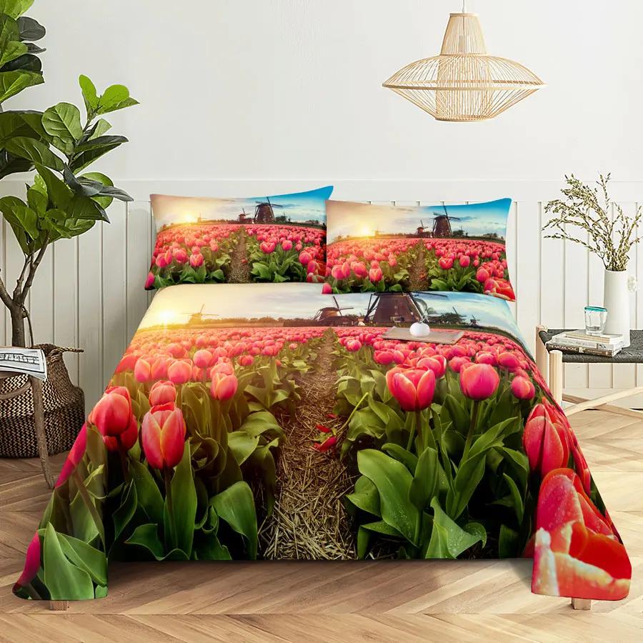 Pink Floral Bed Sheet Set Pillowcase Bedding Linens Cover Flower Queen King Twin Full Size for Single Double Bed Soft Thin