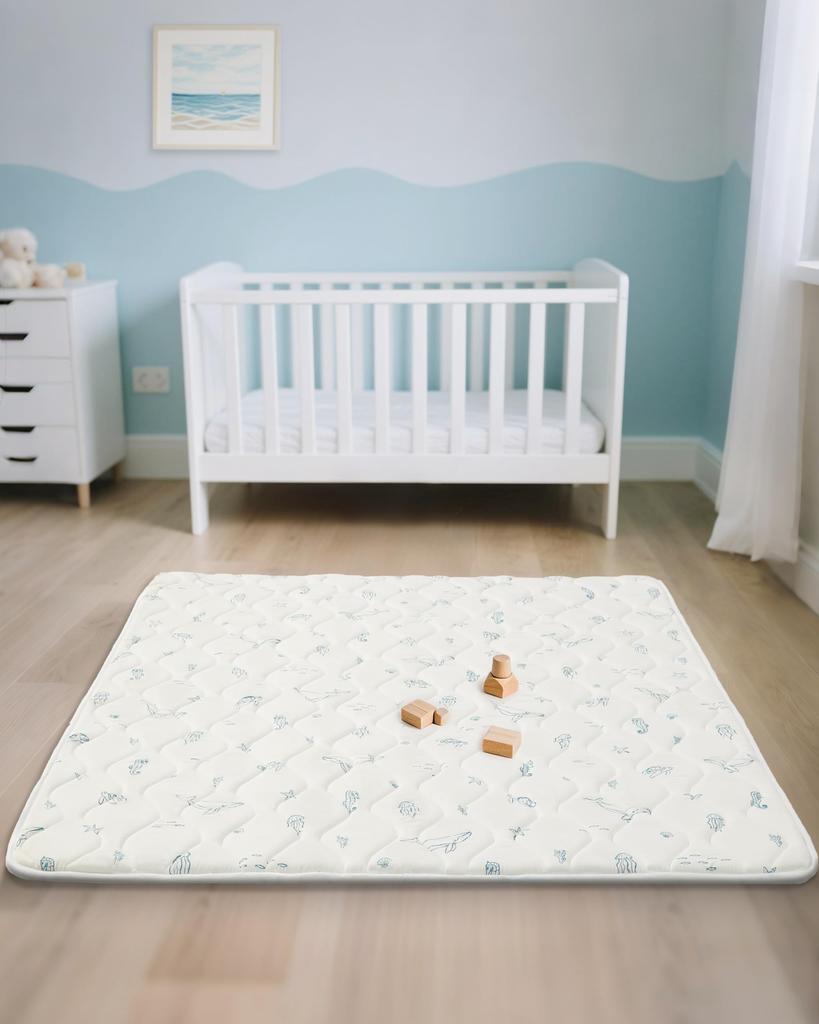 Fortella Baby Play Mat, 120x120x2cm Extra Thick, Foldable, Non-Slip, Soundproof, and Safe, Single Mat, Ocean-Style x White
