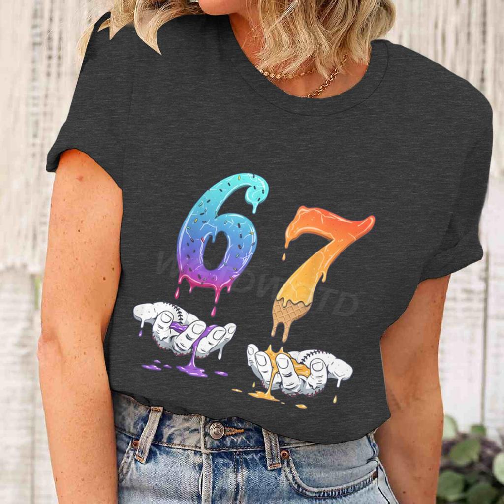 6 7 Number Print Tshirt for Unisex Women Funny 6 7 Memes Drip Fashion Casual Tops Streetwear Six Seven Womens Unisexs Clothing