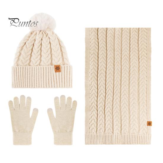 

3 шт./компл. женский зимний теплый комплект плюшевая вязаная шапка бини однотонный шарф с текстурой кручения флисовая подкладка перчатки комплект термоподкладка шапка комплект бежевый