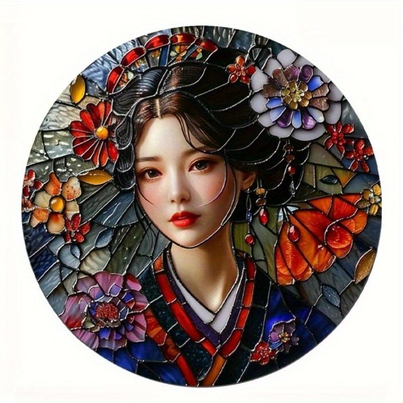 

2d Плоский 20*20см, Круглий Дерев яний Настінний Знак Постер, Яскрава Жінка в Японському Кімоно Декоративне Мистецтво, для Дому, Кухні, Саду, Спальні, Декору Бару. 20*20cm