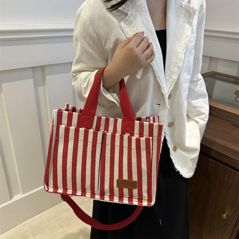 Women Large Capacity Striped Commute Tote Bag Casual Shoulder Crossbody Handbag