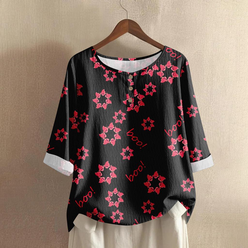 Women's Fashion Casual Long Sleeve Halloween Printed V-Neck Top