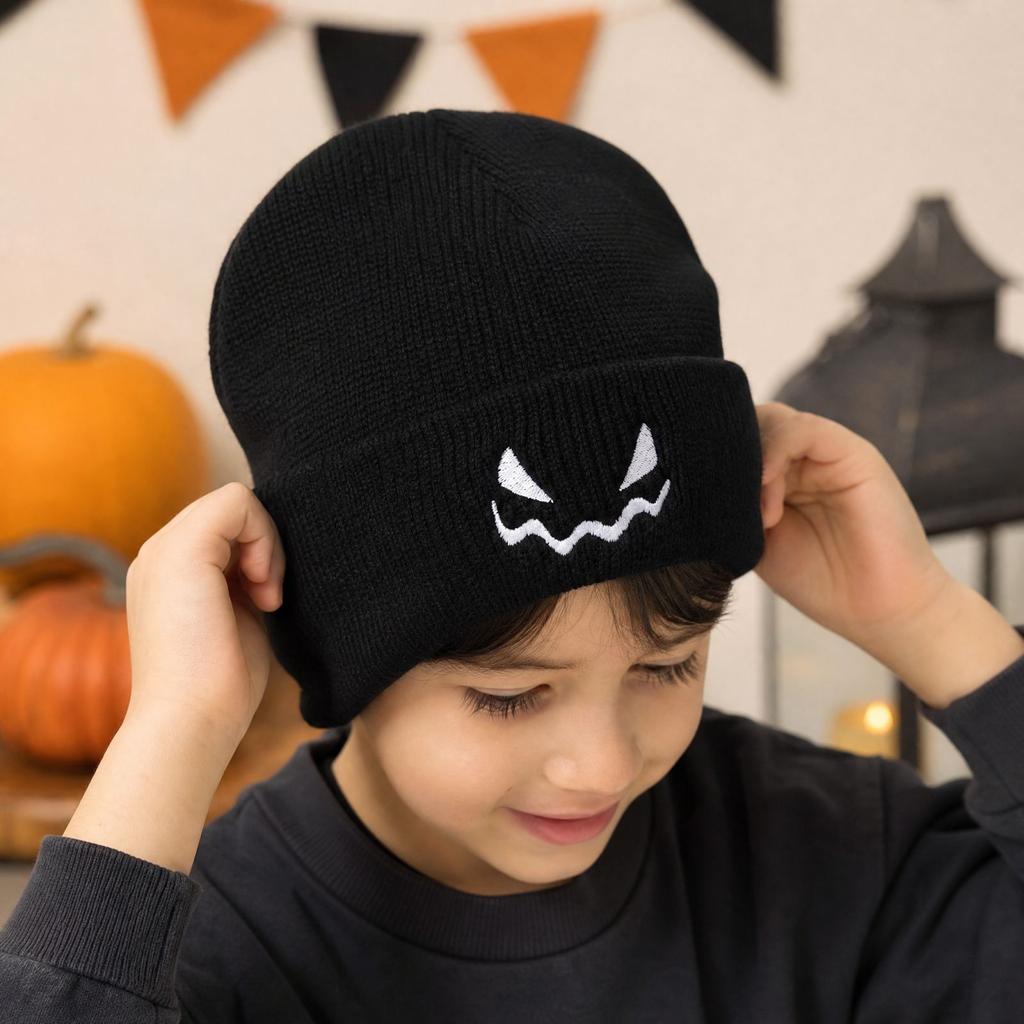 Unisex Halloween Pumpkin Knit Hat with Embroidered Devil, Fall Winter Novelty