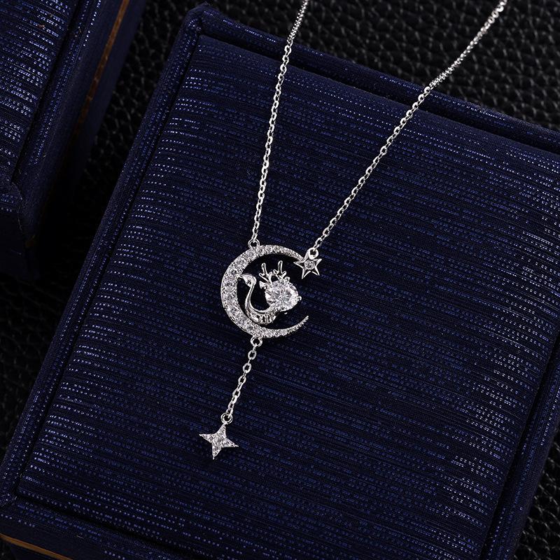 S925 Sterling Silver Moon Star Dragon Moissanite Pendant Necklace Tassel Style Sparkling Jewelry for Party Wedding Anniversary