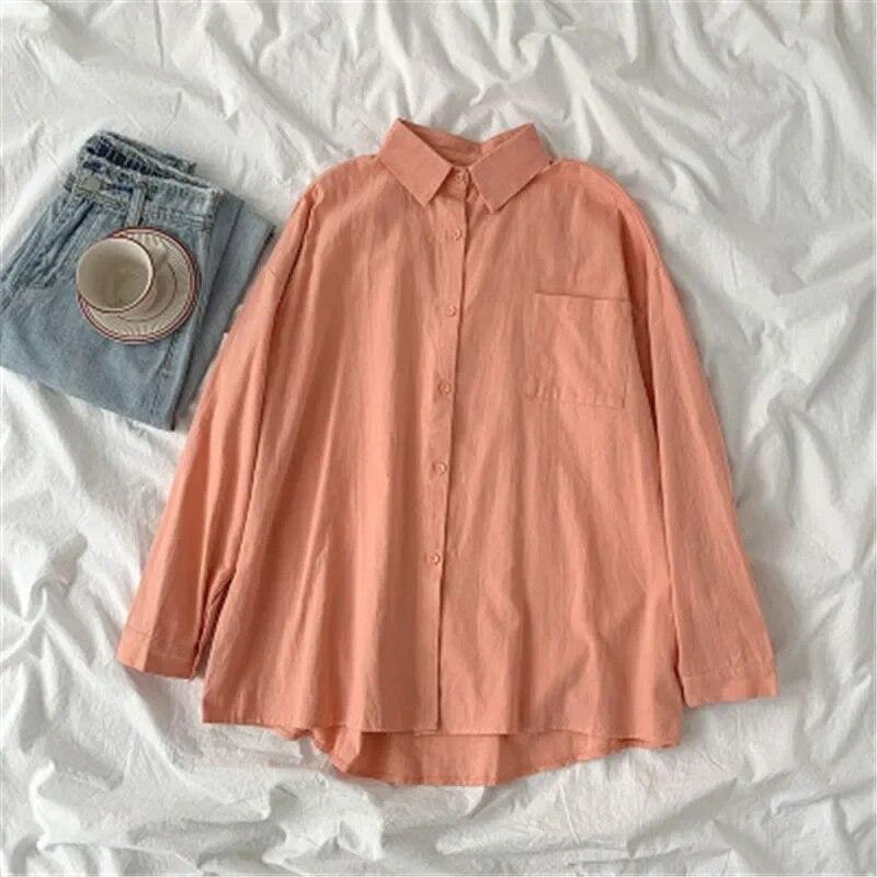 Preppy Style Solid Color Shirt  Autumn Women Korean Fashion Turn Down Collar Blouse Loose Long Sleeve Tops Clothes 30269
