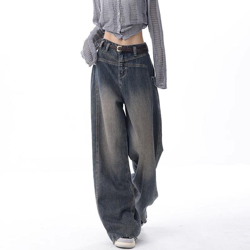 Vintage Blue Jeans Women's New Wash Nostalgic Raw Edge Design Drape Wide-leg Trousers Pants