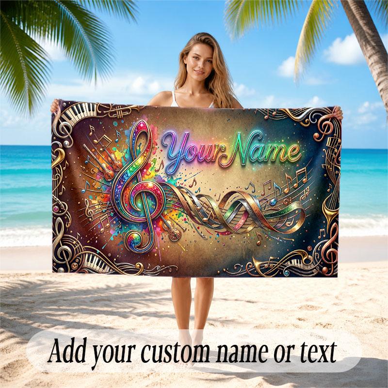 Music General Theme Beach Towel Personalized Custom Name & Text Soft Quick Dry Beach Towel for Swimming Travel