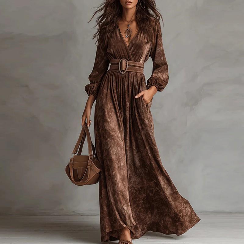 Womens Winter V-Neck Long Sleeve Fitted A-Line Midi Dress In Suede Velvet Floral Print