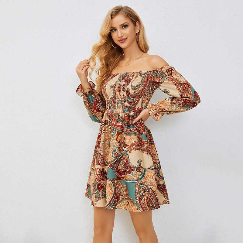 

Fashion Style New Arrival Fashion off-Shoulder Florals Dress Hippie Bohemia American Style Home Long Sleeves Ladies Flower color S