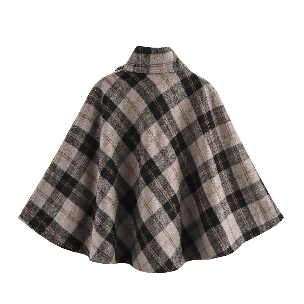 2025 Spring Women's Casual Color Block Plaid High Neck Cape Coat