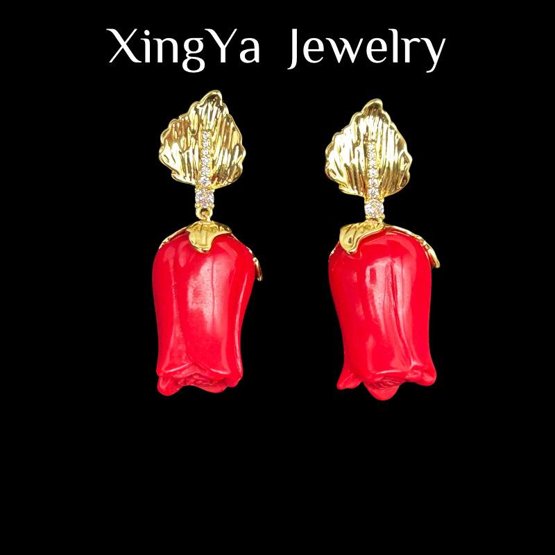 Vintage Rose Earrings Copper Plated With Genuine Gold Niche Design Personalized