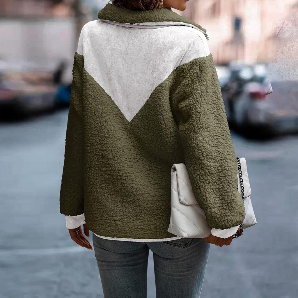 Women's Large Button Down Contrast Puffy Fleece Sweatshirt With Pockets