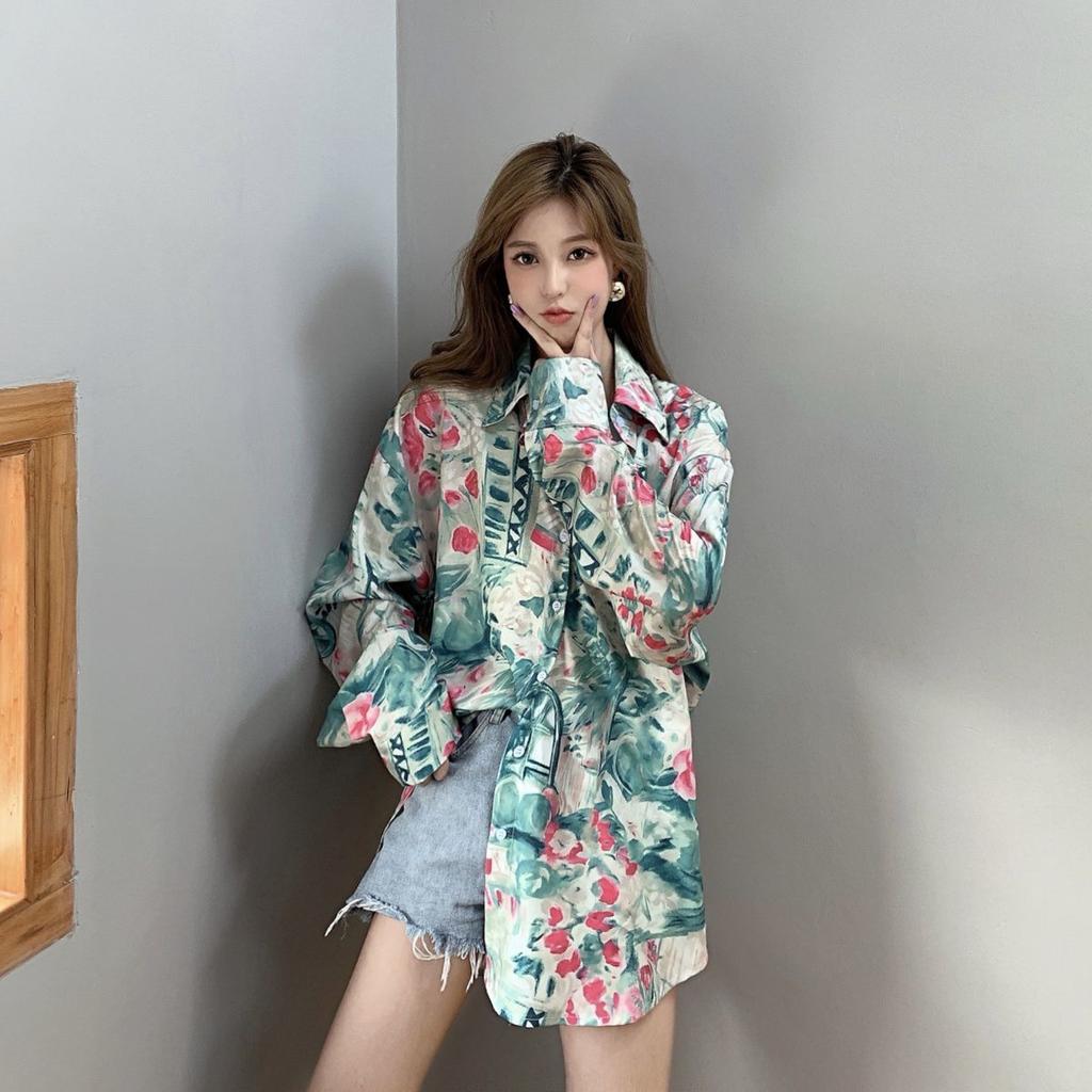 Long-sleeved Shirt for Women with A Sense of Design Thin Style Versatile for Wearing Outside Retro Hong Kong-style Floral Top with A Shirt Design