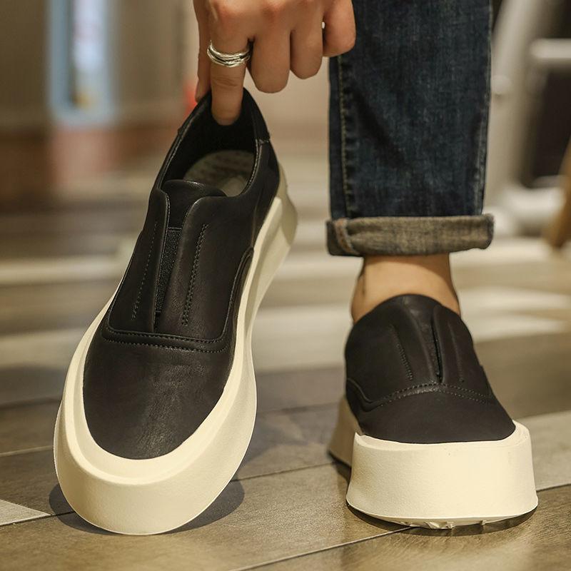 Leather Shoes Men's Autumn Leather Versatile High-end Men's Thick Soles Increase Height Leisure Business One Pedal White Board Shoes