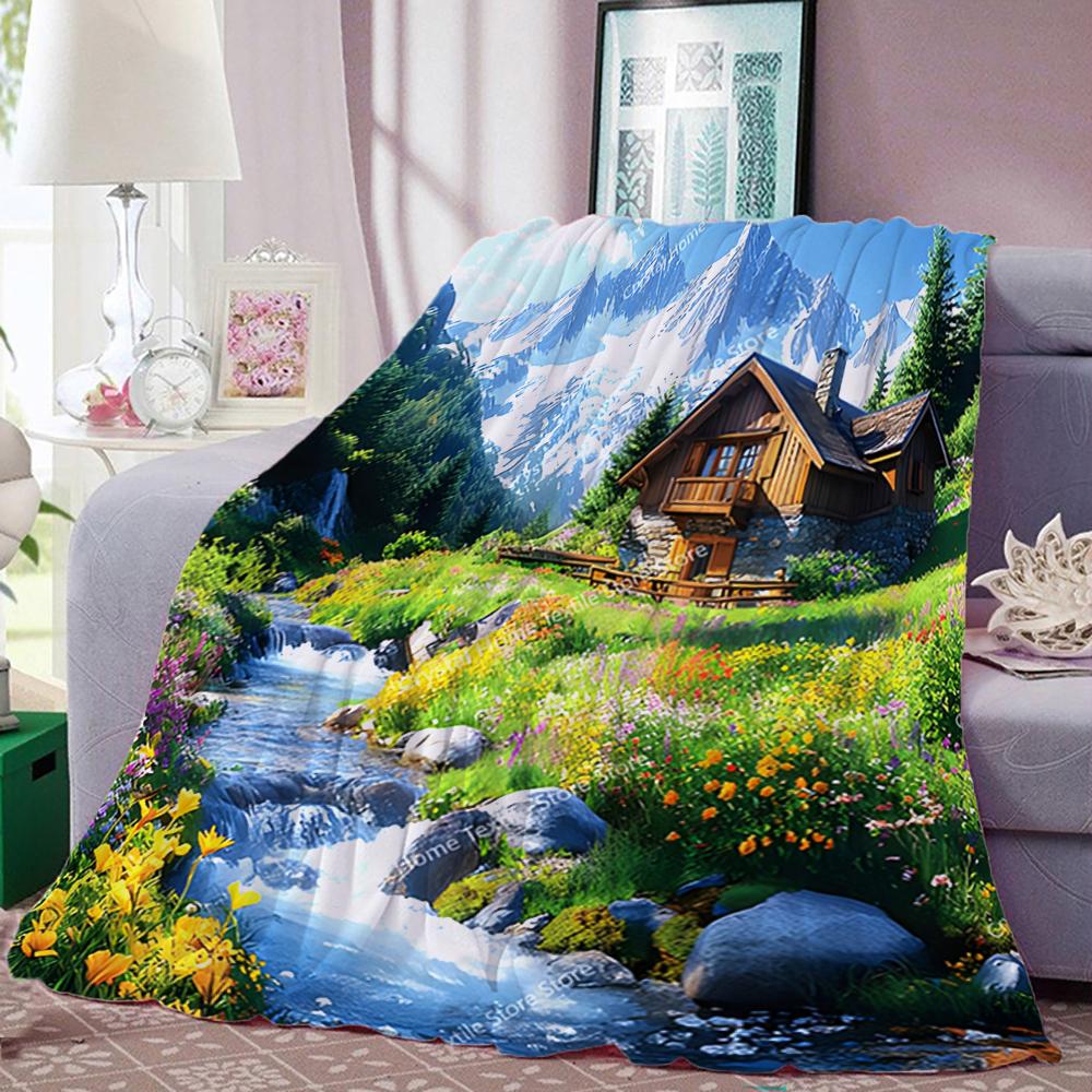 Eine Berghütte neben Flanelldecke Weiche Warme Überwurfdecke Haus Mittagspause Decke für Couch Sofa Büro Bett Reise Geschenk