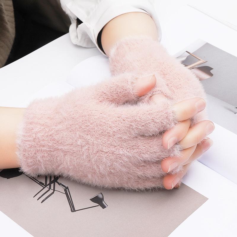 1pair Fashion Solid Comfortable Gloves Knitted Soft Elastic Half Finger Flip-up Plush