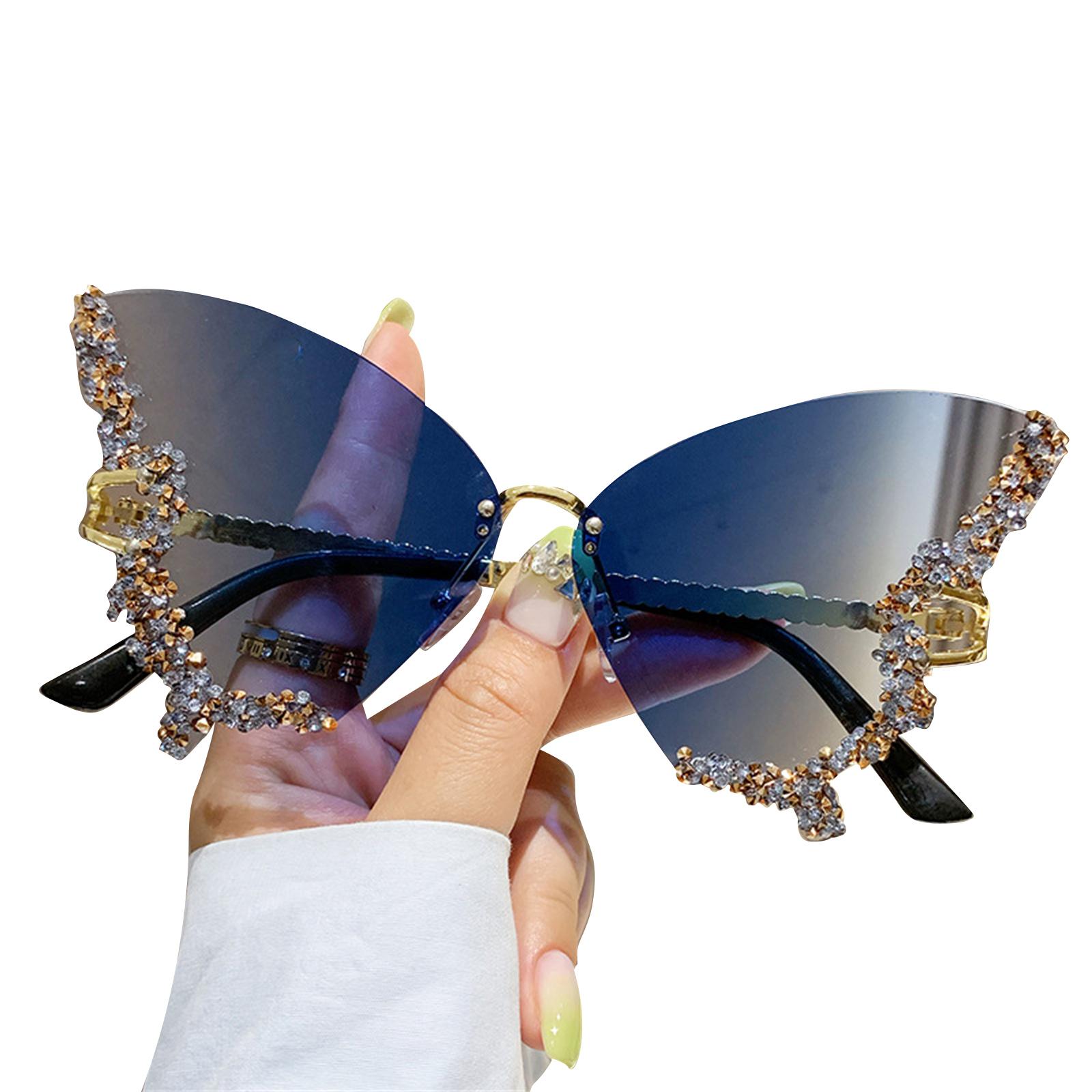 

Rhinestone Bling Sunglasses Butterfly Glasses Diamond Butterfly Sunglasses Cat-Eye Women Rimless Sunglasses Small Face E