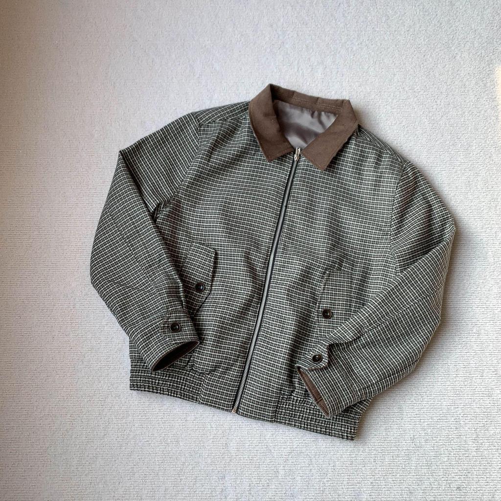 Premium Prince of Wales Check Corduroy Harrington Jacket with Contrasting Collar for Versatile Old Money Style Commuting.