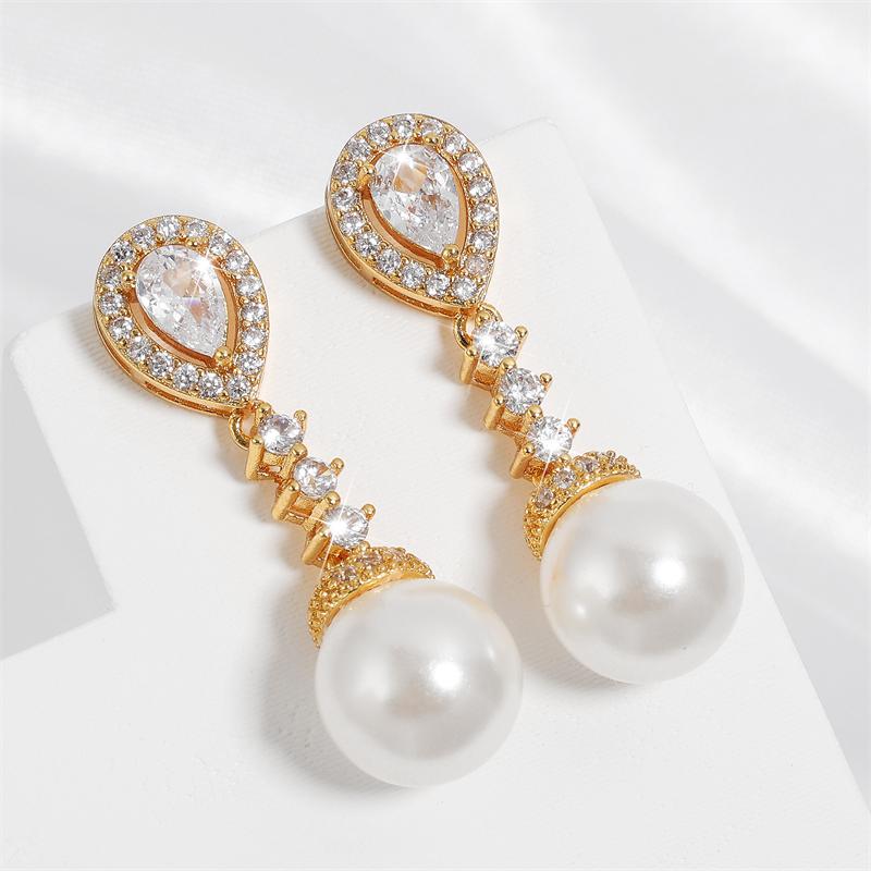 ZAKOL Elegant Round Imitation Pearl Earrings for Women Korean Fashion Water Drop CZ Bridal Earring Wedding Jewelry