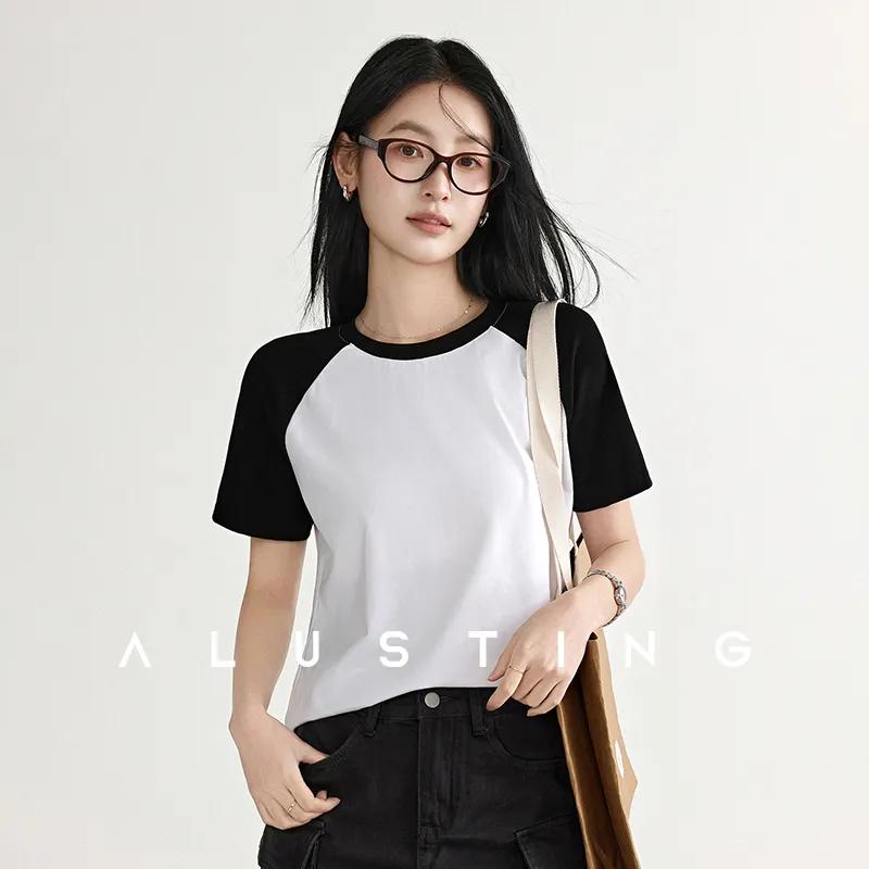 

Women s Raglan Sleeve Short Sleeve T-Shirt Color Block Crew Neck Casual Minimalist Summer Top L белый
