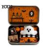 Kids Halloween Party Favor Mini Ghost Tin Box Set, Little Pocket Cute In A Box, Soft Plush Figurine Miniature Scene Spooky Desktop Decor, Gifts