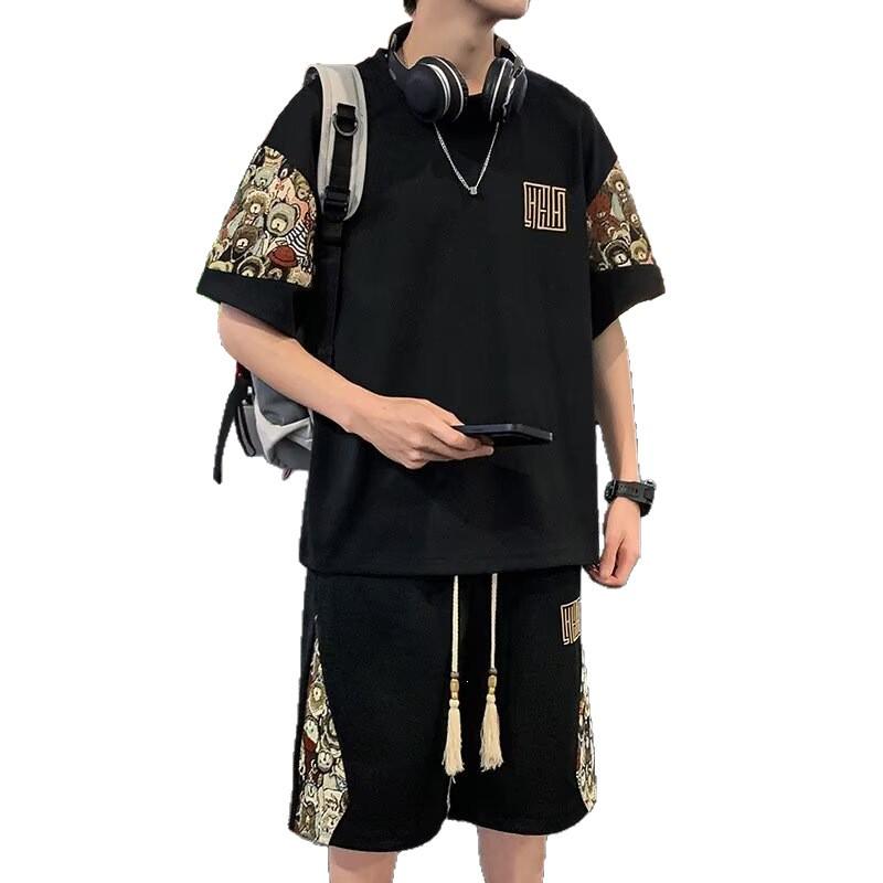 Men's Loose Short Sleeve T-shirt and Shorts Two-Piece Set - Chinese National Style, Plus Size, Summer Casual Sportswear