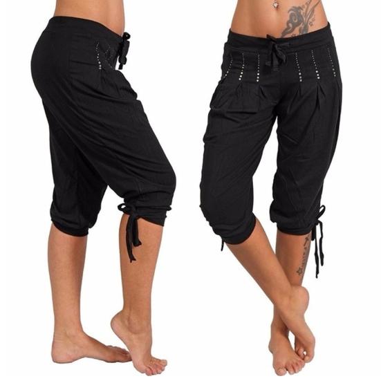 Women Casual Low Rise Drawstring Rhinestone Pleated Sports Cropped Pants Shorts