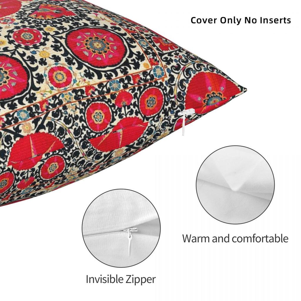 Shakhrisyabz Suzani Uzbek Embroidery Square Pillowcase Polyester Linen Velvet Pattern Zip Decor Room Cushion Case