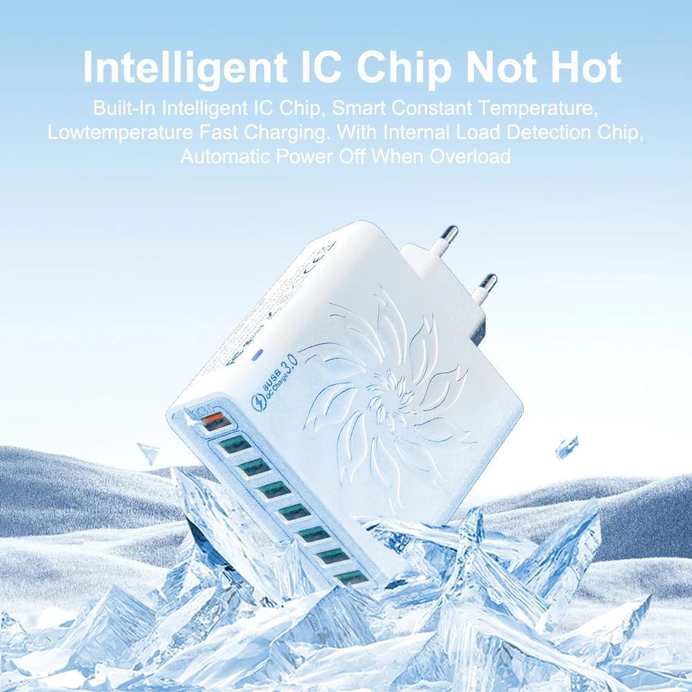 65W Household 8 Ports USB Charger with Data Cable For Multiple Devices USB Fast Charging Wall Adapter Quick Charge 3.0 Charger