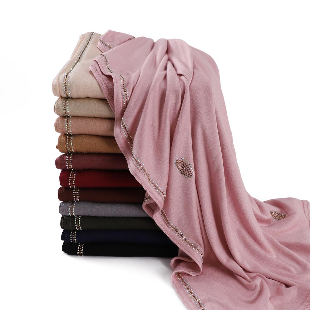 Luxury Czech Diamonds Mercerized Cotton Jersey Scarf Muslim Woman Premium Shiny Shawl Hijabs Arab Female Stretchy Turbans Wrap